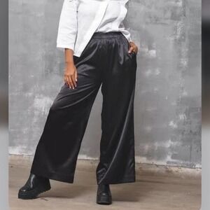 Nordstrom Classic Black Satin Wide Leg Pants with Elastic Waist